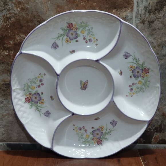 Vintage Lilac Whisper Five Section Serving Platter Pale Butterflies Spring Flow - Picture 1 of 9